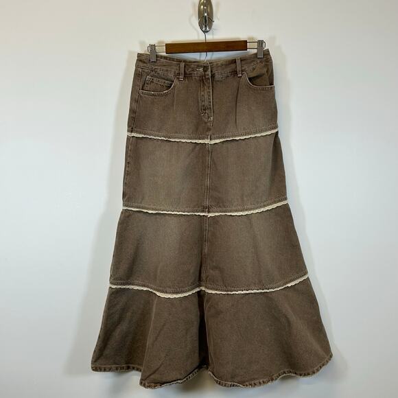 Vintage Dresses & Skirts - Vintage Y2K Brown Tiered‎ Denim Maxi Skirt Boho Cottagecore Women’s M